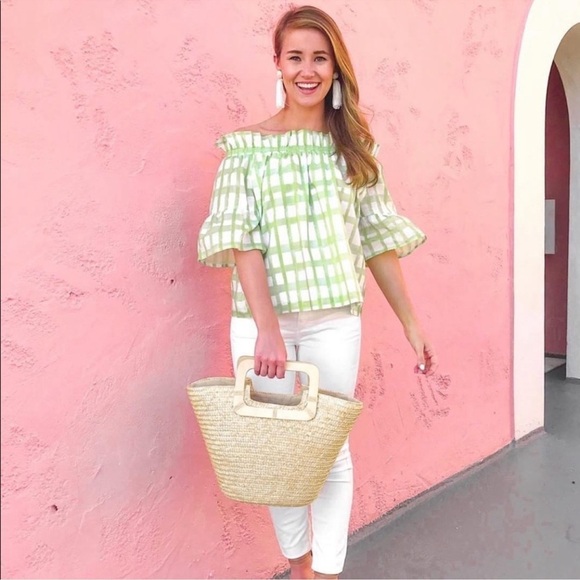 Brooke Wright Green White Off Shoulder Ruffle Top Size XS/SM - Picture 3 of 8